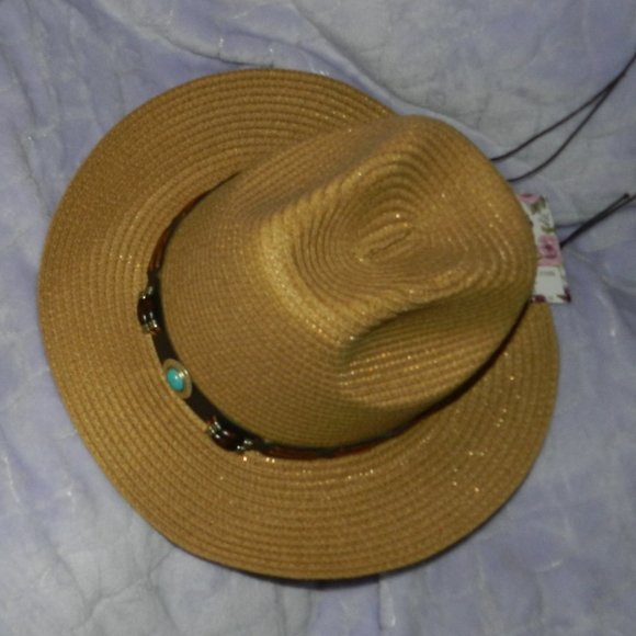 Lulla Collection Wide Brim Woven Straw Hat Beaded Turquoise Band NWT/NEW! - Picture 2 of 14